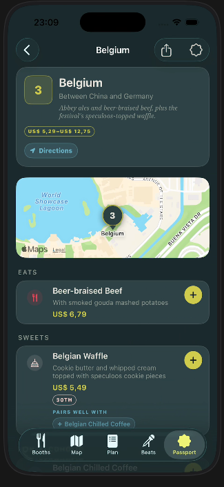 Belgium booth detail with food prices and directions