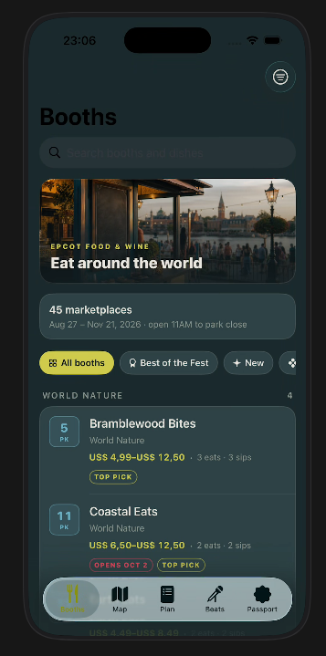 Browse booths, dishes, and prices